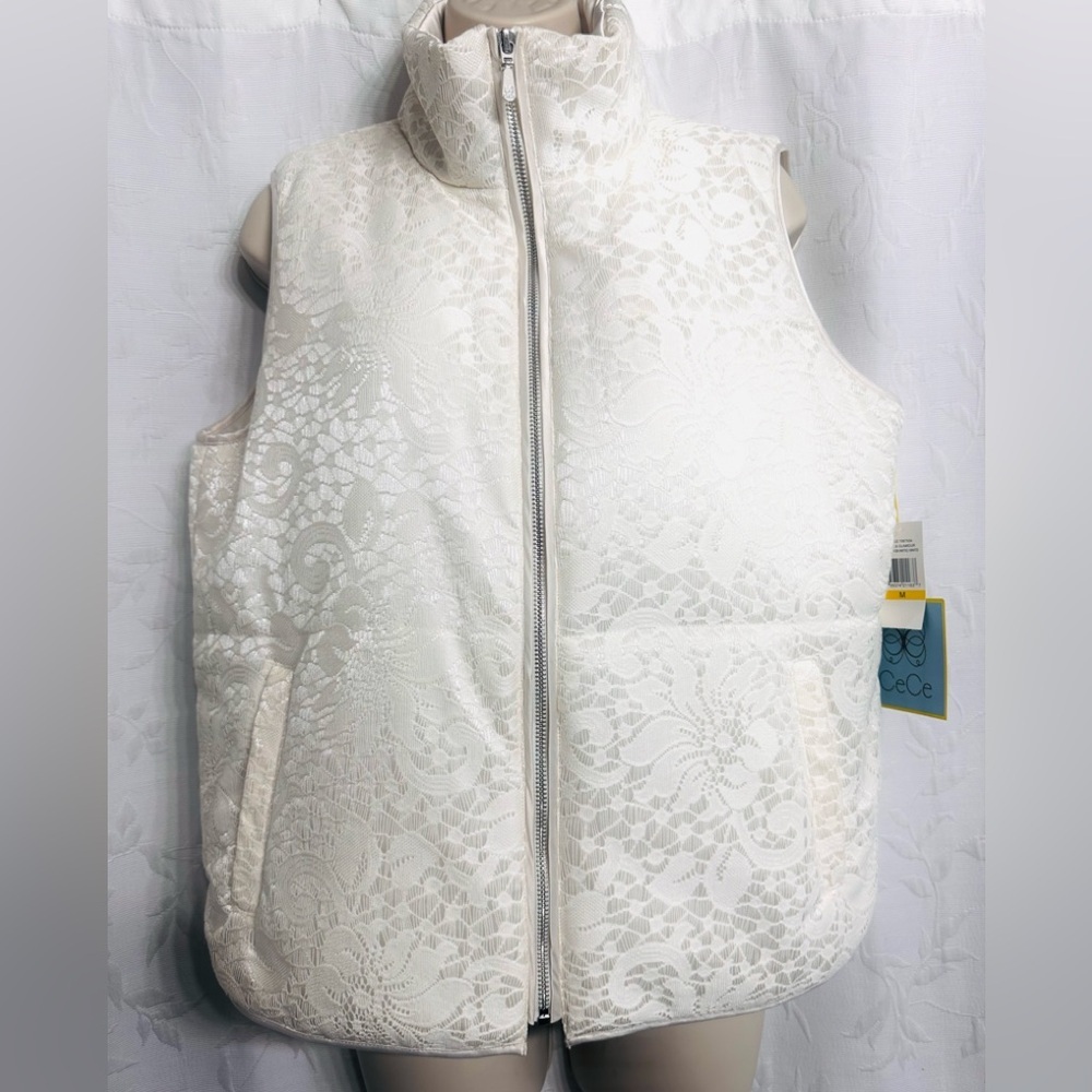 CeCe NWT Women Ivory-Antique White Glitz & Glamour Quilted Puffy Vest Size M